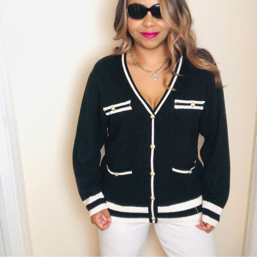 ASHLEY STEWART Black Knit White Trim V-Neck Long Sleeve Sweater Cardigan